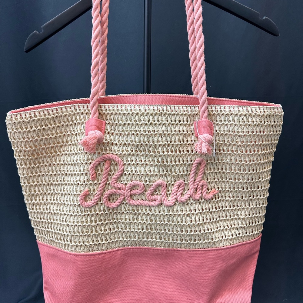 Beach Straw Tote Bag with Pink Trim